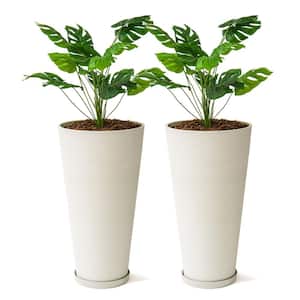 28 in. Tall Modern Round Planter, Tapered Floor Planter for Indoor and Outdoor, Patio Decor, Set of 2, White