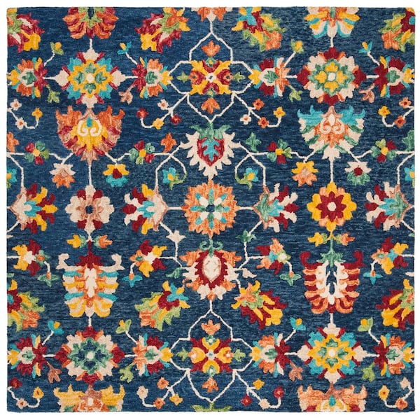 Aspen Navy/Red 3 ft. x 3 ft. Floral Square Area Rug