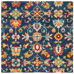 Aspen Navy/Red 7 ft. x 7 ft. Floral Square Area Rug