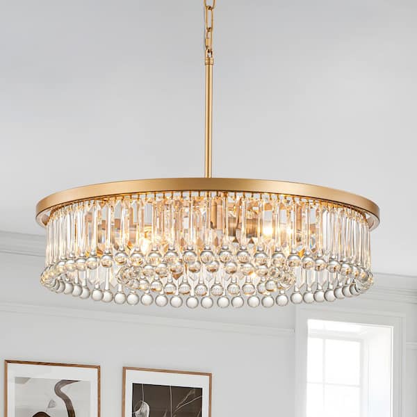 TinHon 6-Light Modern Gold Crystal Chandelier with Round Drum Shade for Dining Room, Entryway, or Living Room