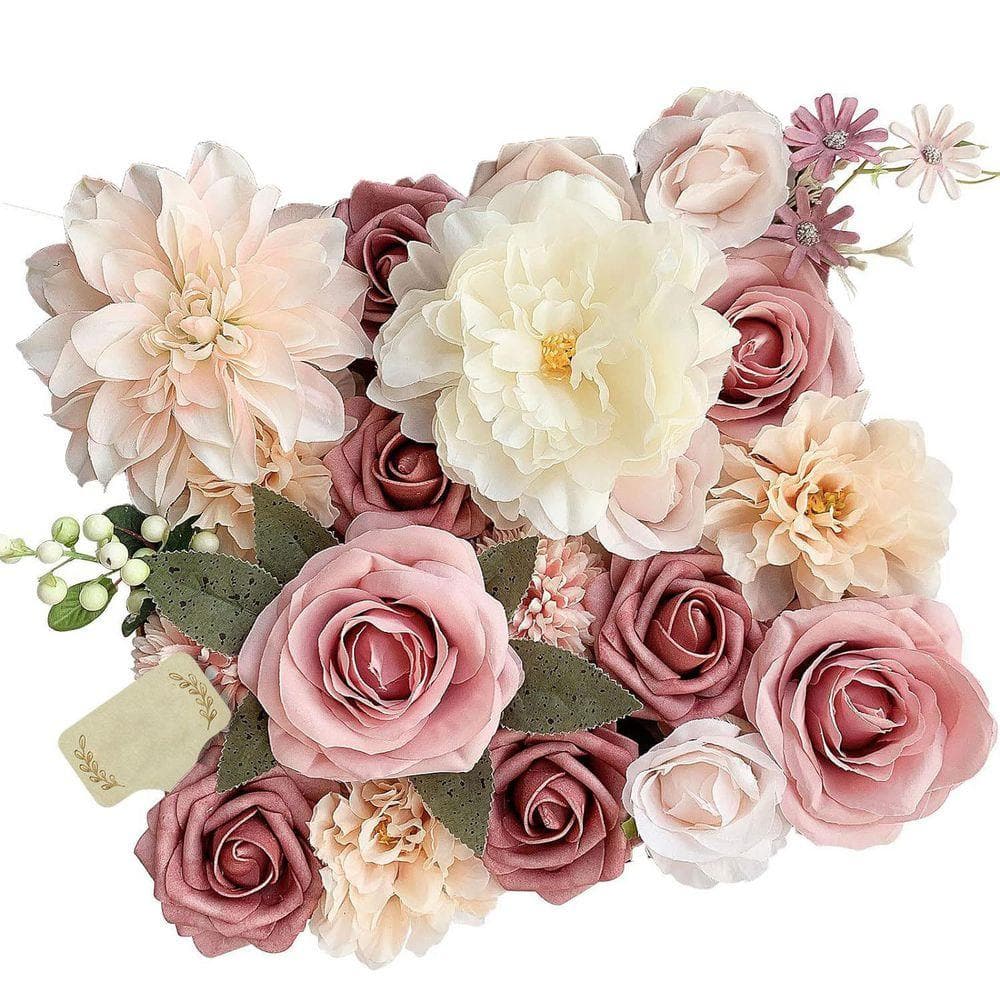 2.16 in. Artificial Flowers Pink Roses Bouquet Set for DIY Bridal