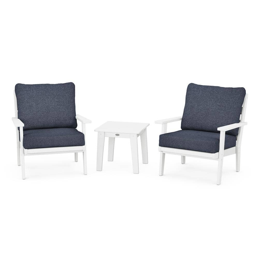 POLYWOOD Grant Park White 3-Piece Plastic Small Patio Furniture Deep Seating Set with Stone Blue Cushions -  PW14122WH145994