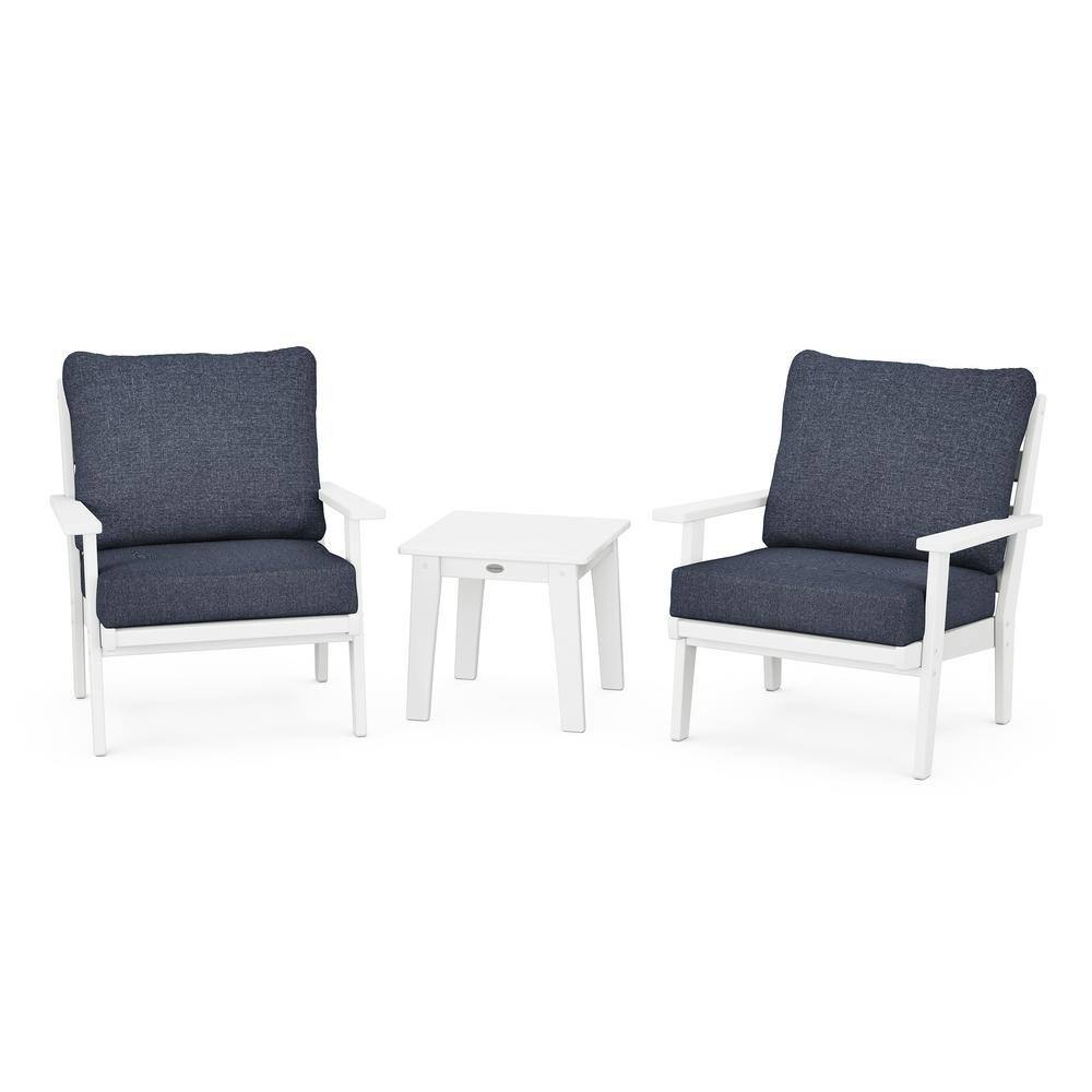 POLYWOOD Grant Park White 3-Piece Plastic Small Patio Furniture Deep Seating Set with Stone Blue Cushions -  PWS458WH145994