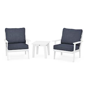 Grant Park White 3-Piece Plastic Small Patio Furniture Deep Seating Set with Stone Blue Cushions