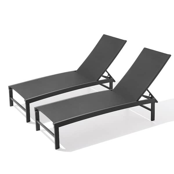 Full Flat 2-Piece Metal Adjustable Aluminum Outdoor Chaise Lounge Patio Pool Chairs in Black