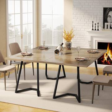 Farmhouse Grey & Black Wood 55 in. Trestle Dining Table, Dinner Table with Metal Legs Seats 6