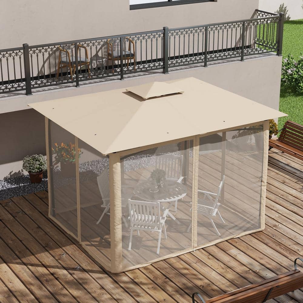 Beige Double Roof Outdoor Gazebo with Netting and Solid Metal Frame