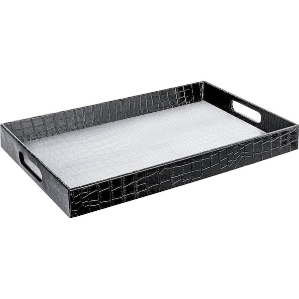 Silver/Black Rectangular Faux Leather Decorative Serving Tray with Handles