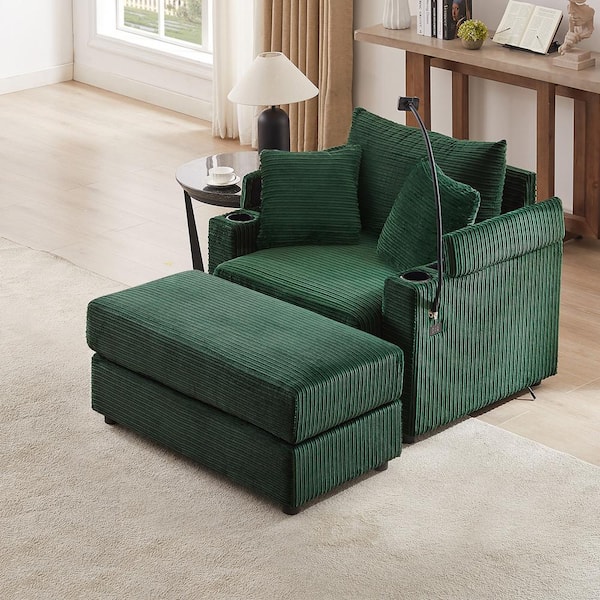Harper & Bright Designs 41.7 in. Square Arm Corduroy Fabric Rectangle Sofa in Green with Ottoman, Storage Armrests, USB Ports, Phone Holder