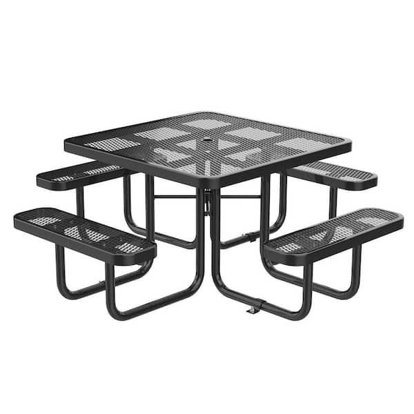 78.7 in. Black Square Steel Picnic Table Seats 4-8 People with Umbrella Hole