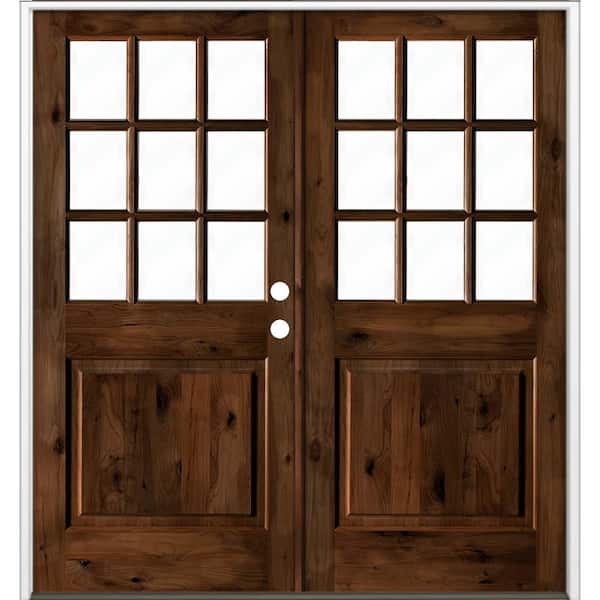 Krosswood Doors 72 in. x 80 in. Craftsman Knotty Alder Wood Clear 9-Lite provincial stain Left Active Double Prehung Front Door