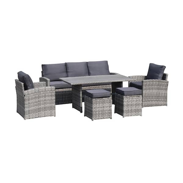 maocao hoom 6-Piece Gray Wicker Patio Conversation Set with Gray Cushions