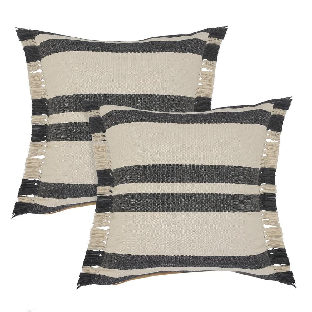 Elevate Charcoal Ivory Striped Fringed 20 in. x 20 in. Indoor Throw Pillow 