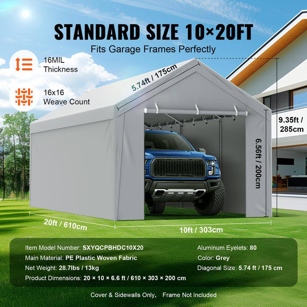 Gray 10' x 20' PE Plastic Carport Replacement Canopy Cover