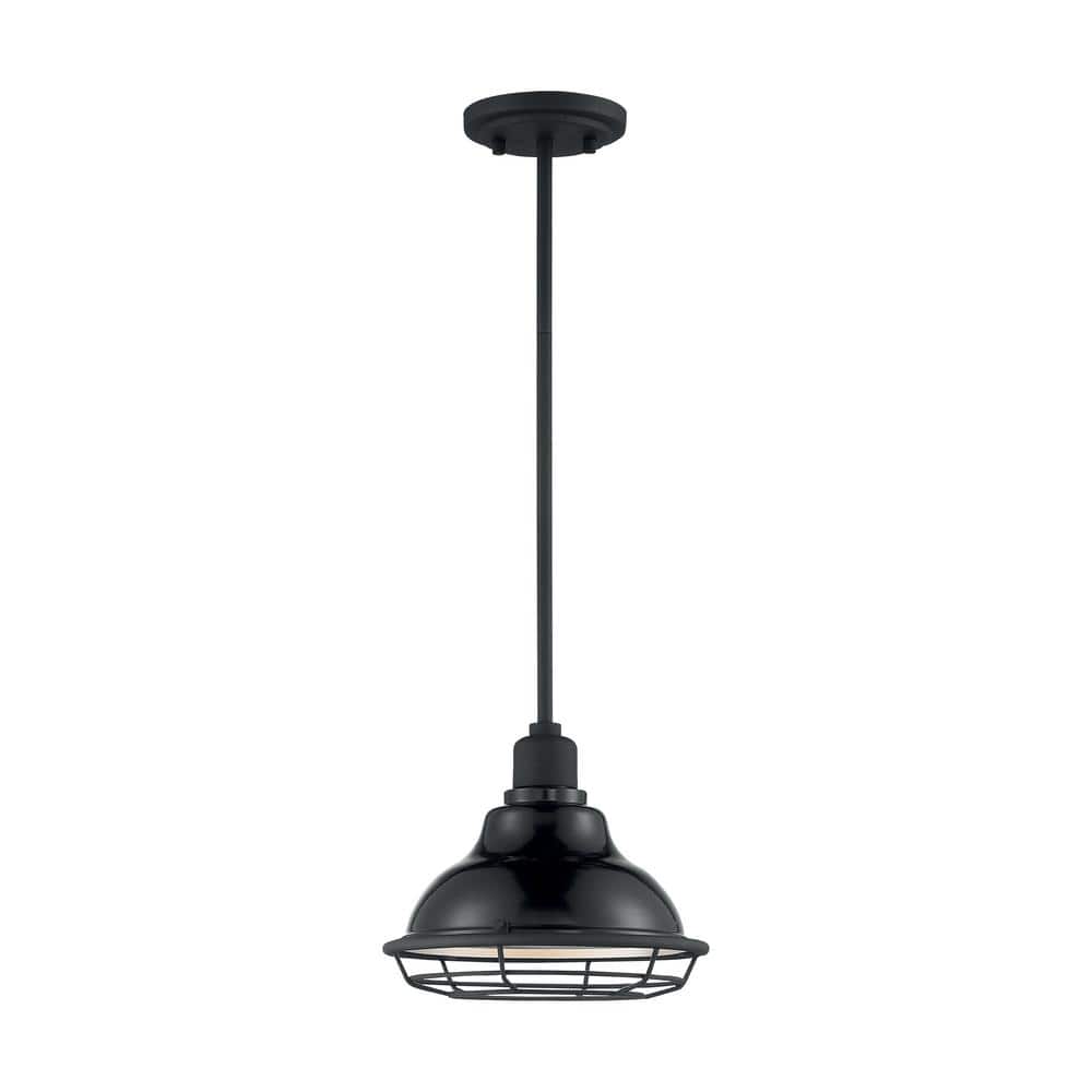 Gloss Black and Silver Industrial Pendant Light with Metal Cage