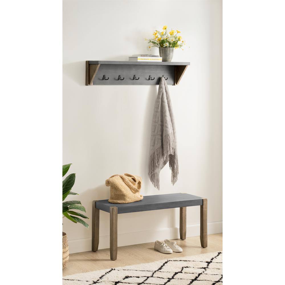 Newport Light Amber Wood and Gray Composite Entryway Bench with Coat Hooks