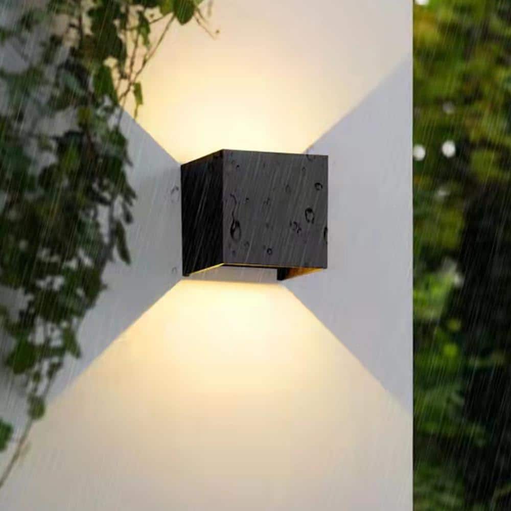 Black Aluminum Cube Dimmable Outdoor Wall Light, 2 Pack