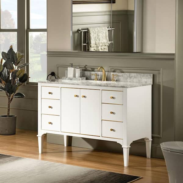 Roma 49 in. W x 22 in. D Bath Vanity in White with Marble Vanity top in Carrara White with White Basin