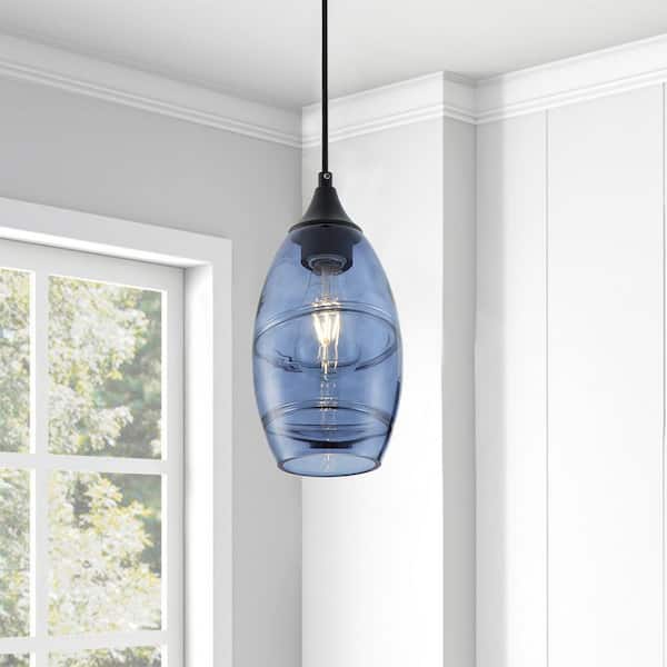5.71 in. 1-Light Kitchen Island Blue Pendant Light Vintage Art Hanging Ceiling Light with Blown Glass Shade