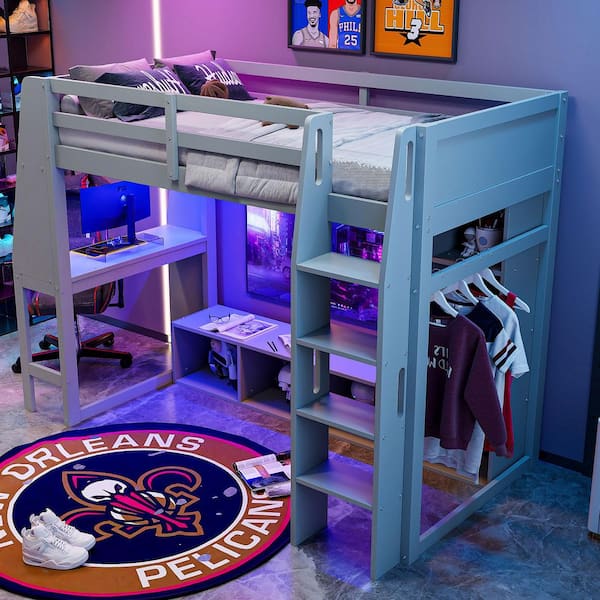 Harper & Bright Designs Gaming Style Gray Twin Size Wood Loft Bed with Built-in Tabletop, LED, Multiple Storage Shelves, a Hanging Clothes Rack