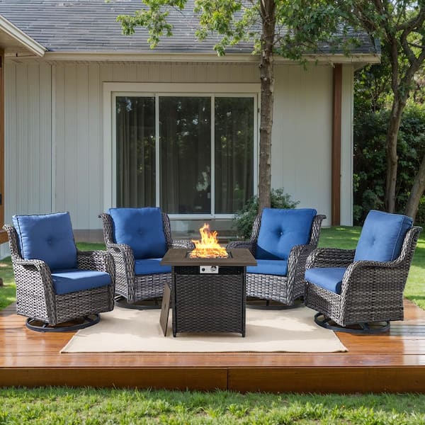 5-Piece Gray Wicker Fire Pit Conversation Set with Olefin Blue Cushions and Swivel Glider Rocking Chairs