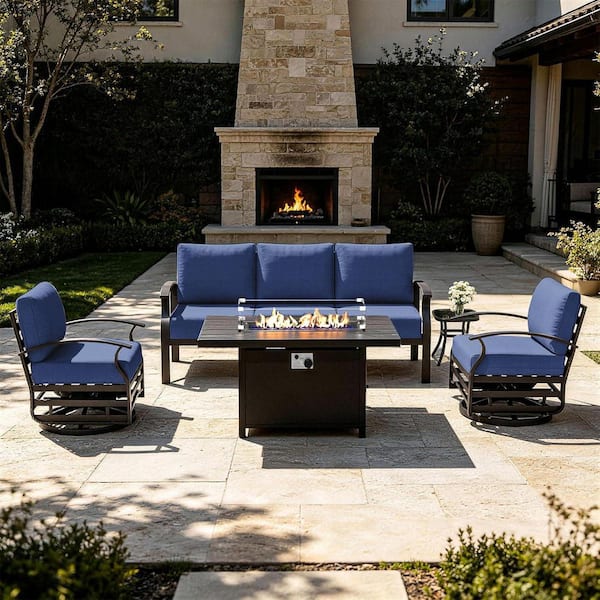 5-Piece Aluminum Patio Fire Pit Sectional Seating Set with armrest, Swivel Rocking Chairs,coffee table and Navy Cushions