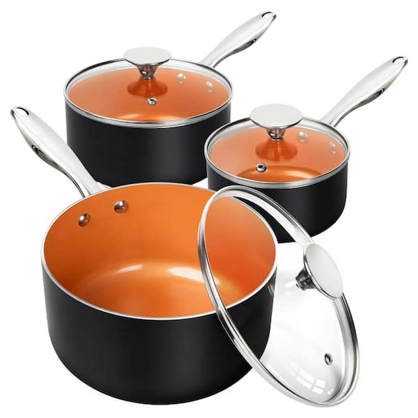 Nonstick 1 qt. 2 qt. 3 qt. Ceramic Aluminum Sauce Pan Set with Lid Copper Color Scratch Resistant 3-Piece Set