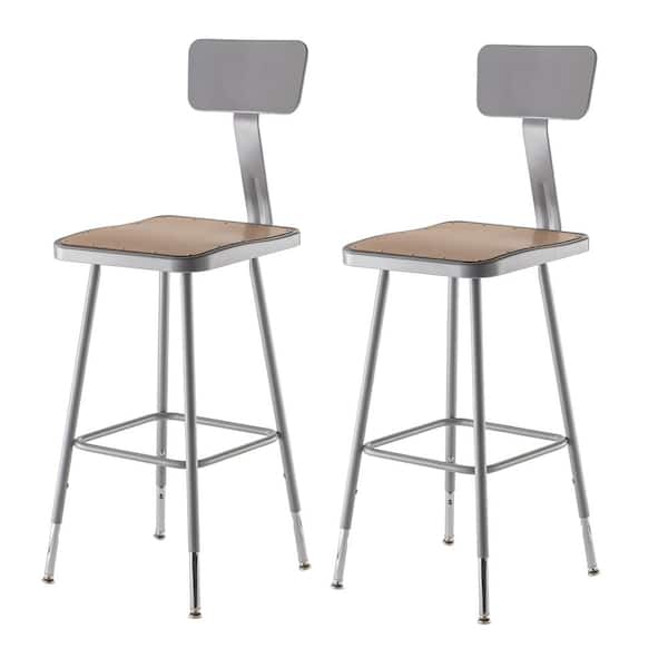 National Public Seating 25 in. - 33 in. Height Adjustable Grey Heavy Duty Square Seat Steel Stool with Backrest (2-Pack)