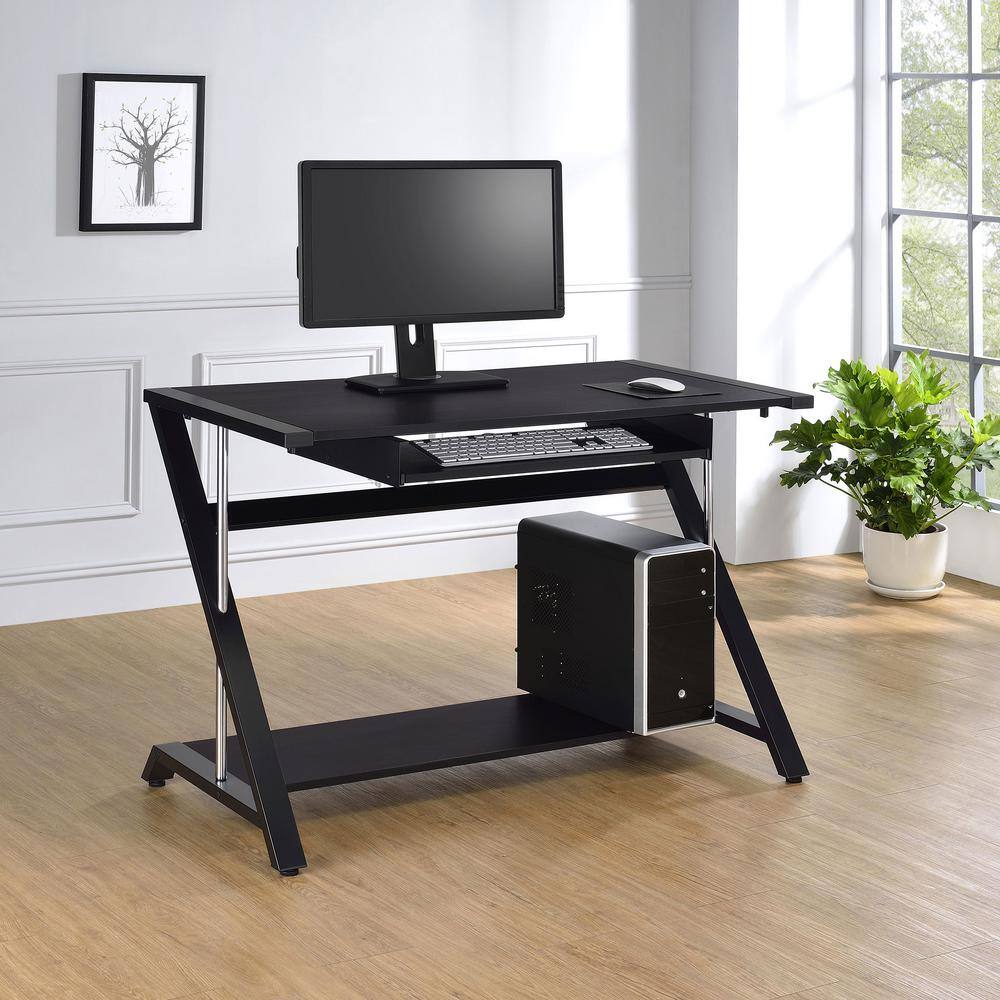 Black Wood Home Office Desk with Keyboard Tray and Shelf