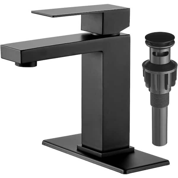 Single Handle Single Hole Bathroom Sink Faucet with Pop-up Drain and Supply Hoses Touch on in Matte Black