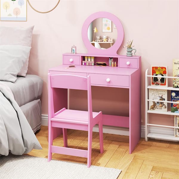 Pink Kids Vanity Set Princess Pretend Play Vanity Table with Chair and Mirror and 4 Drawers