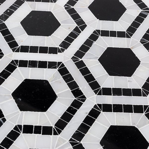 Ivy Hill Tile Kosmos Black and Asian Statuary Hexagon Marble 3 in. x 6 in. Mosaic Tile Sample