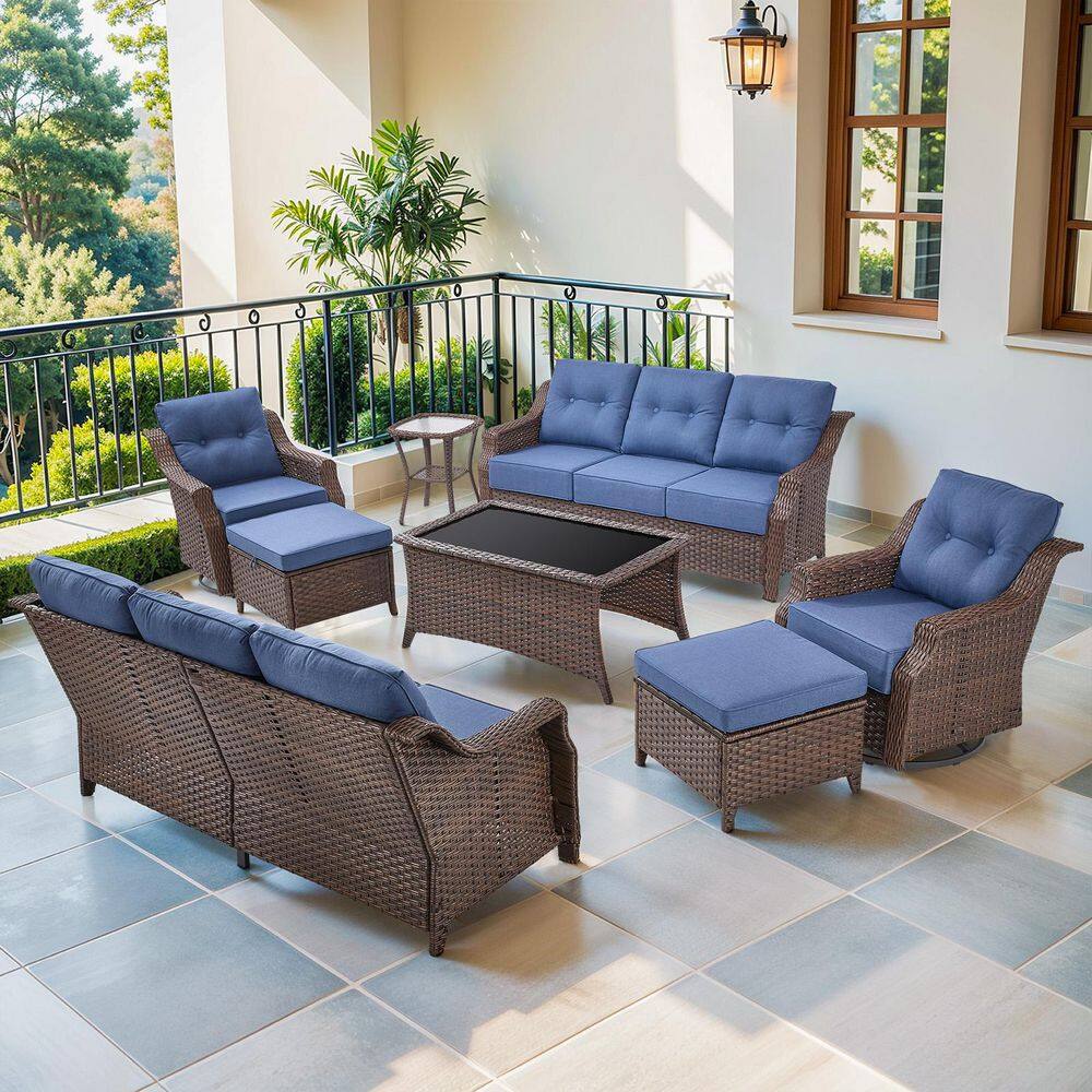 Circle Brown 8-Piece Wicker Patio Conversation Seating Set with Blue Cushions, Outdoor Sofa set with Swivel Chairs price history on PriceWatchPro