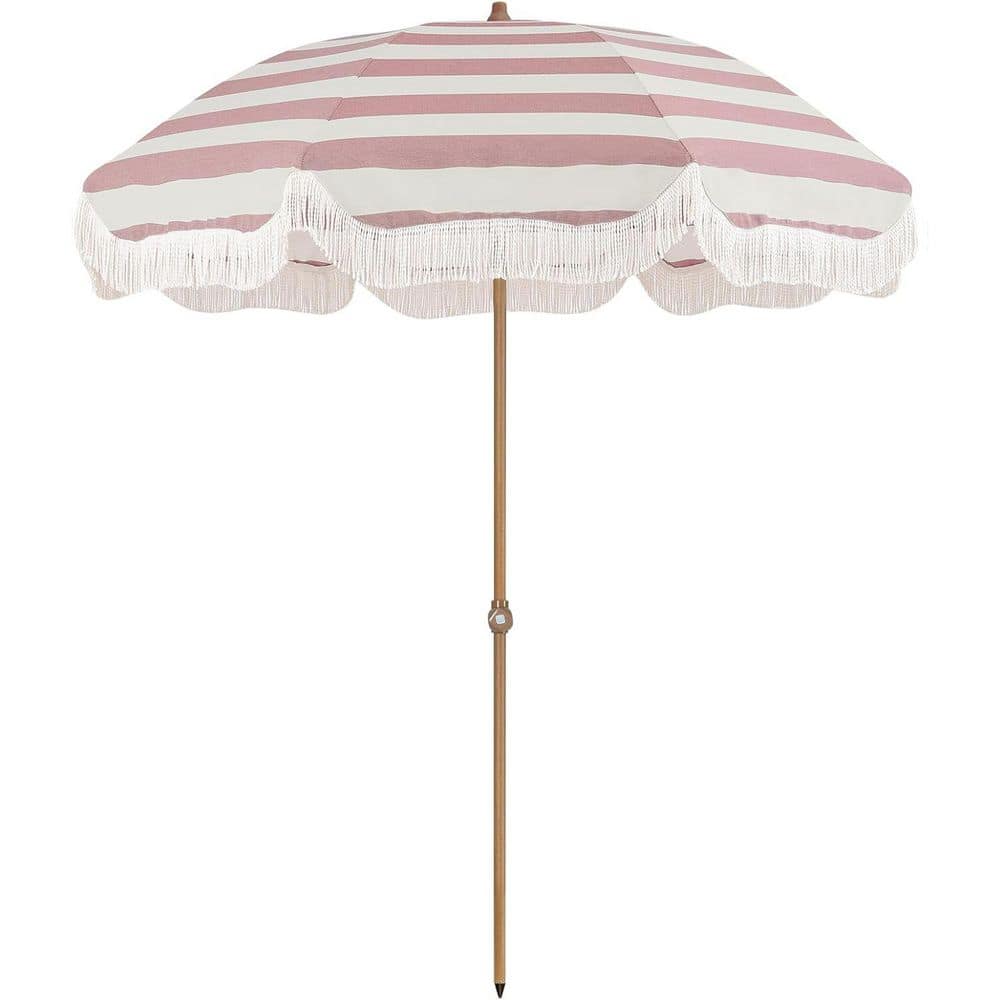 7 ft. Steel Tilt Beach Umbrella in Red Stripe with Vintage Tassel