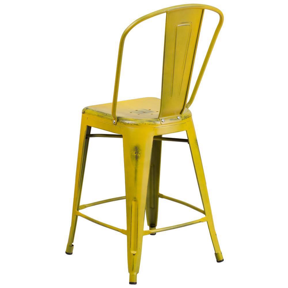 24" Yellow Distressed Metal Indoor-Outdoor Counter Stool