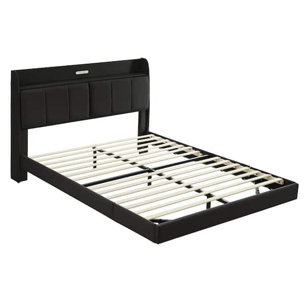 Polibi Modern Wood Black Frame Queen Size Upholstered Platform Bed with Storage Headboard, Night Light and USB Charger