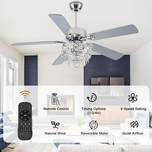 52 in. Indoor Brushed Nickel Crystal Reversible Ceiling Fan with Light and Remote Ceiling Fans With Lights