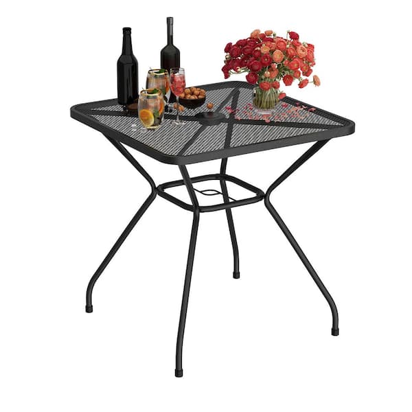 WIAWG Patio Dining Table 4-Person Durable Metal Table with Umbrella Hole Weather-Resistant Black Frame for Lawn Garden