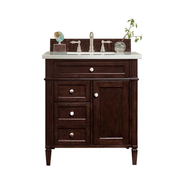 James Martin Signature Vanities Brittany 30 in. W Single Vanity in Burnished Mahogany with Quartz Vanity Top in Snow White with White Basin