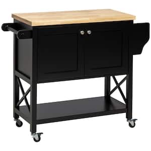 Black Rolling Kitchen Island On Wheels, Utility Serving Cart with Rubber Wood Top, Towel Rack, Spice Rack