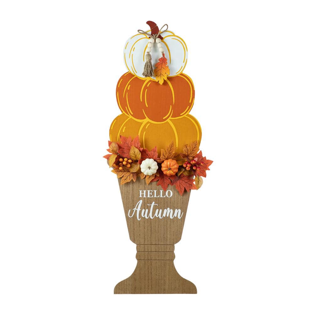 Glitzhome 36 in. H Fall Wooden Stacked Pumpkin with Urn Porch Decor ...