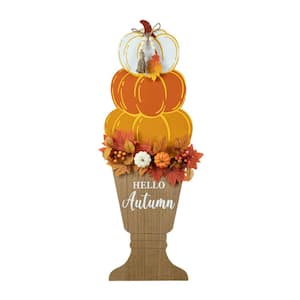 36 in. H Fall Wooden Stacked Pumpkin with Urn Porch Decor