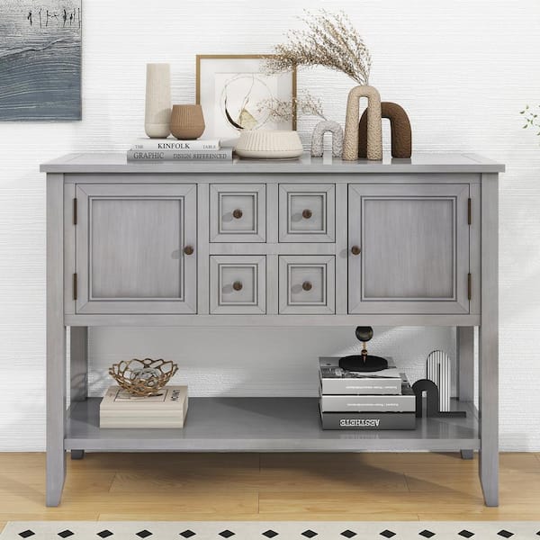 46 in. Gray Rectangle Acacia Wood Console Table with 4-Drawer and 2-Cabinet