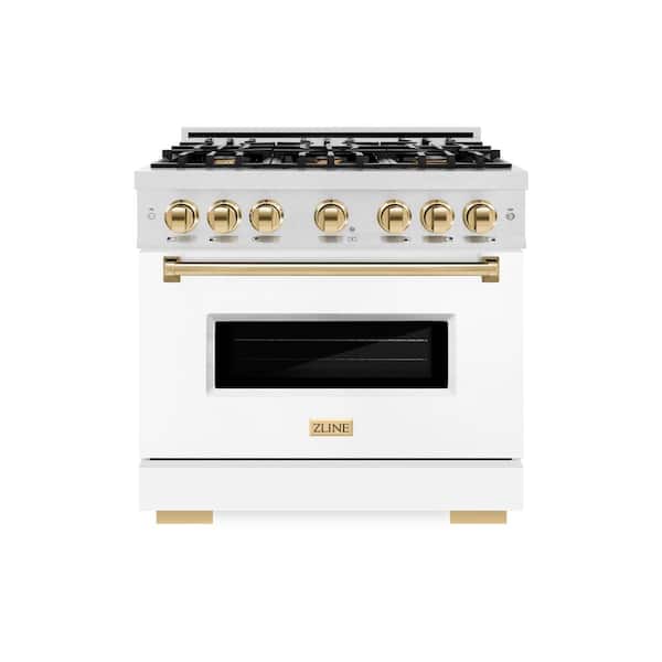 ZLINE Kitchen and Bath Autograph 36 in. Classic Dual Fuel Range with 6 Burners and Electric Oven in Satin Steel with White and Gold Accents