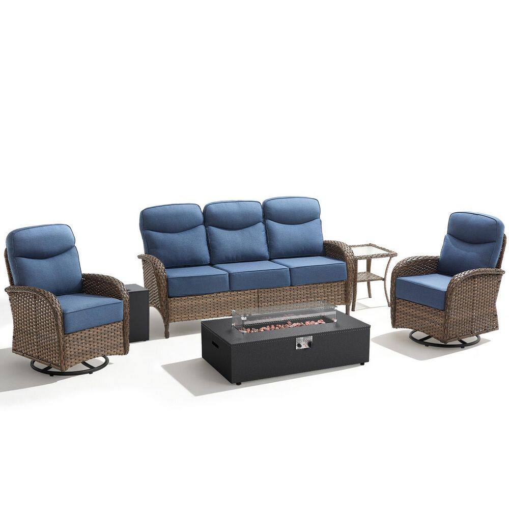 High Crescent 5-Piece Brown Wicker Patio Conversation Set with Blue Cushions and Split-type Fire Pit Table price history on PriceWatchPro
