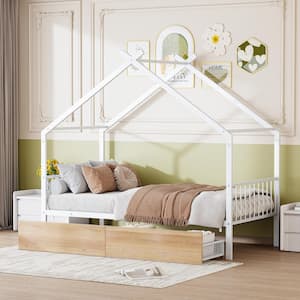 White Twin Size Metal House Bed Platform Bed with 2-Drawers