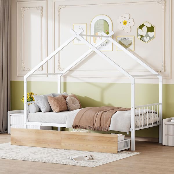 Harper & Bright Designs White Twin Size Metal House Bed Platform Bed with 2-Drawers