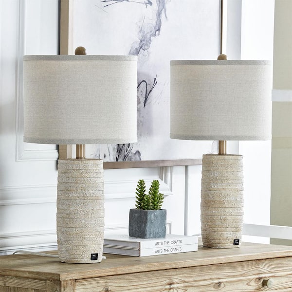 Salem 23 in. Oatmeal Modern Dimmable Resin Bedroom Living Room Bedside Desk Nightstand Table Lamps USB Port (Set of 2）