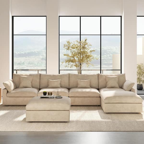 Washable Covers 156 in. Square Arm 6-Piece Linen U-Shaped Sectional Sofa Modular Cloud Couch with 2 Ottomans in Khaki