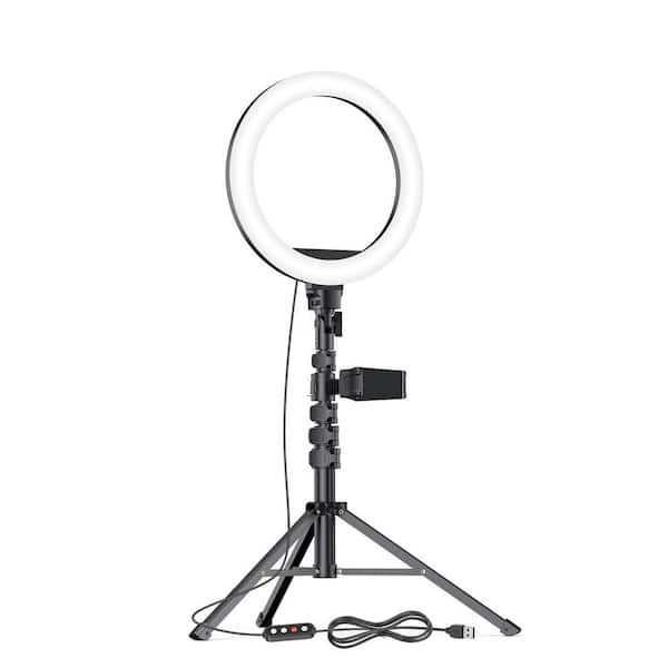 10.2 in. Black Ring Light with 65 in. Adjustable Tripod Stand Phone Holder Dimmable LED for Streaming Makeup